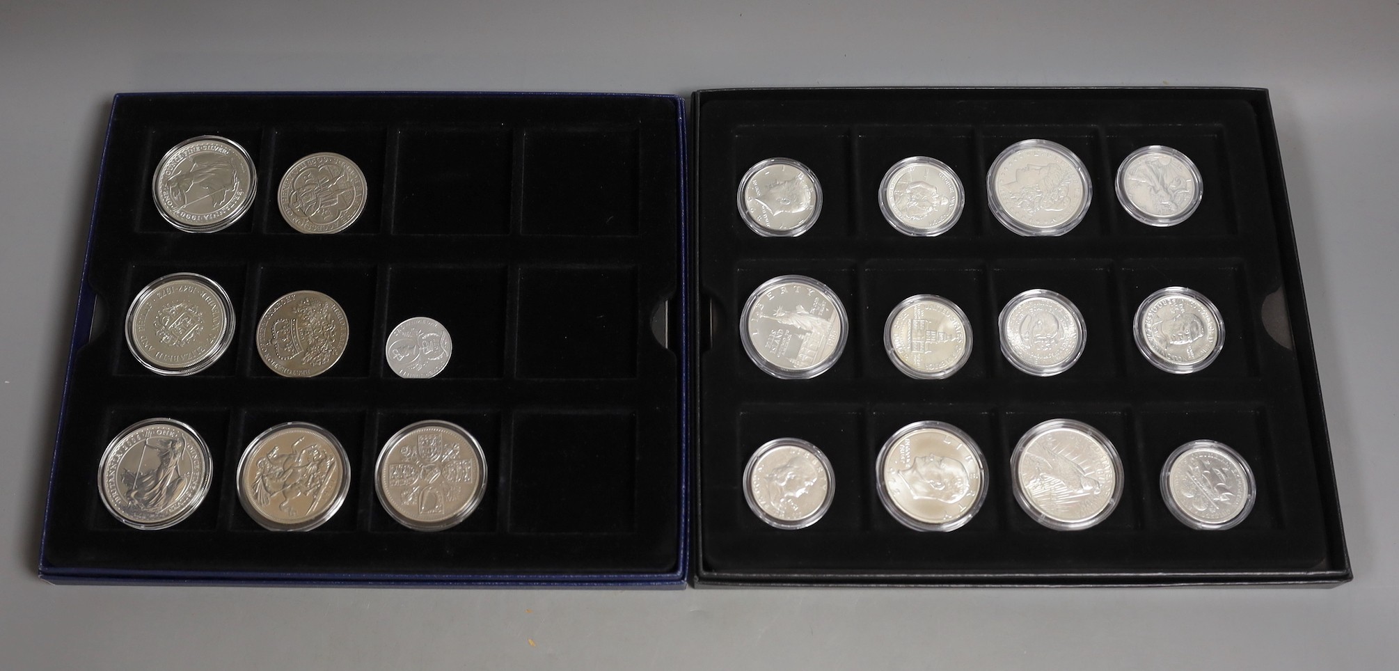 UK cupronickel and Westminster Historic silver coins of great Britain and Westminster US classics silver coin collection, mostly uncirculated coins, boxed with certificates